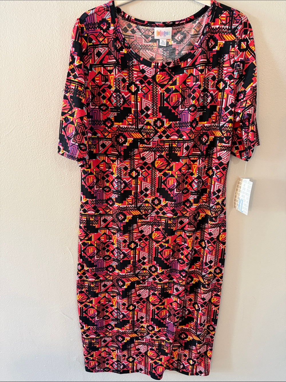 LuLaRoe Pink, Orange & Black Geometric Midi Dress